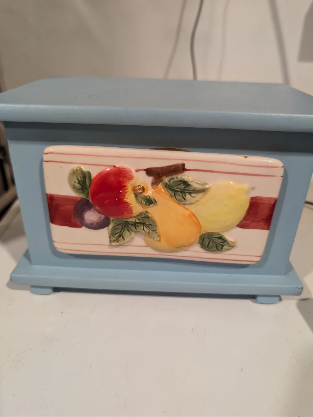 Blue Ceramic Fruit Recipe Box Vintage Cottage Core Mcm